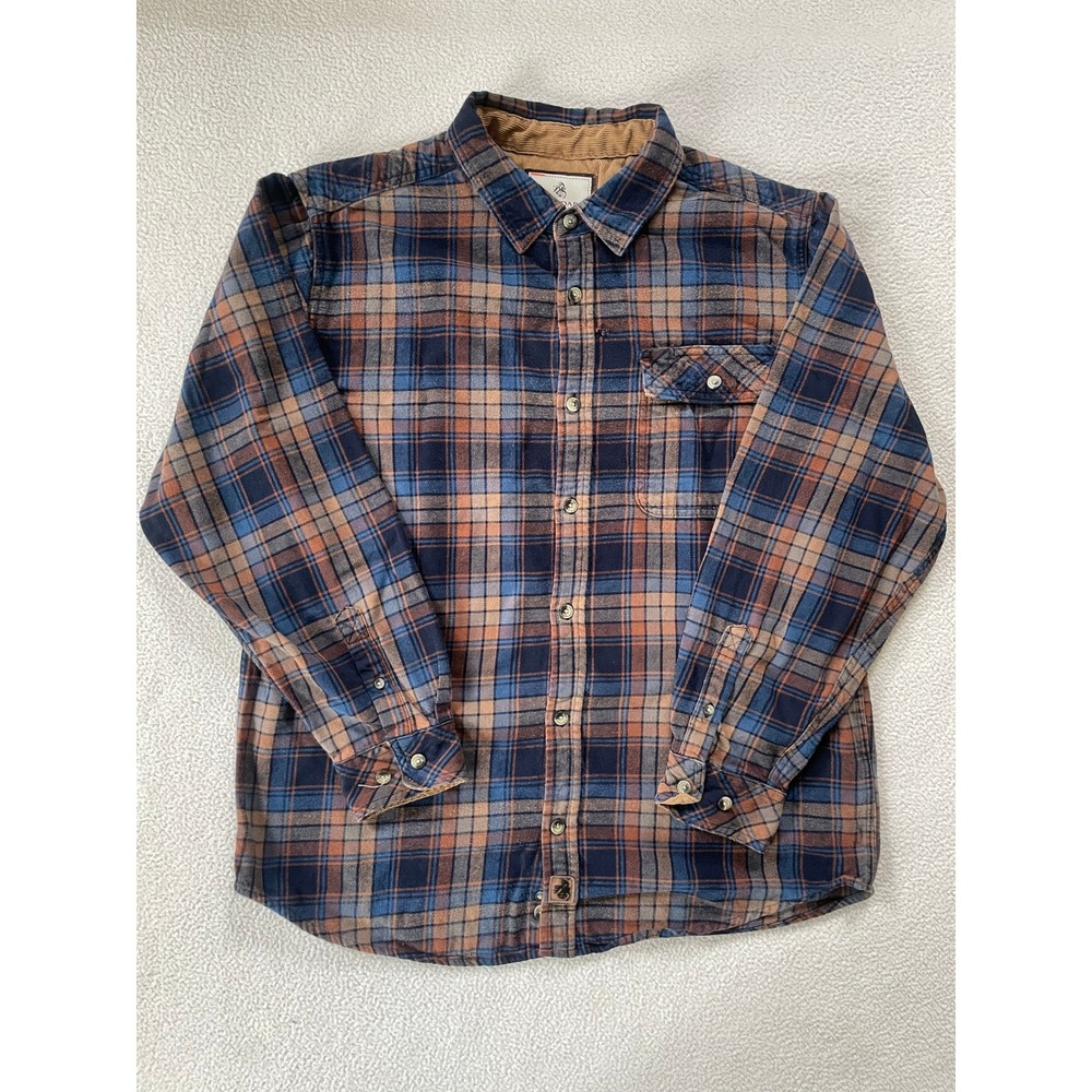 Hole - Legendary Whitetails Mens Large Flannel Shirt Blue Orange Plaid Buck Camp